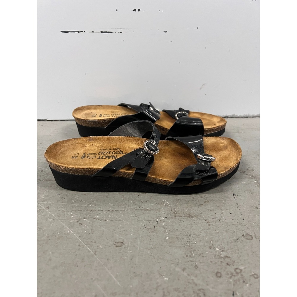 Naot Kate Sandals Womens US 7 Black Leather Slip On Open Toe Wedge Heel Slide‎